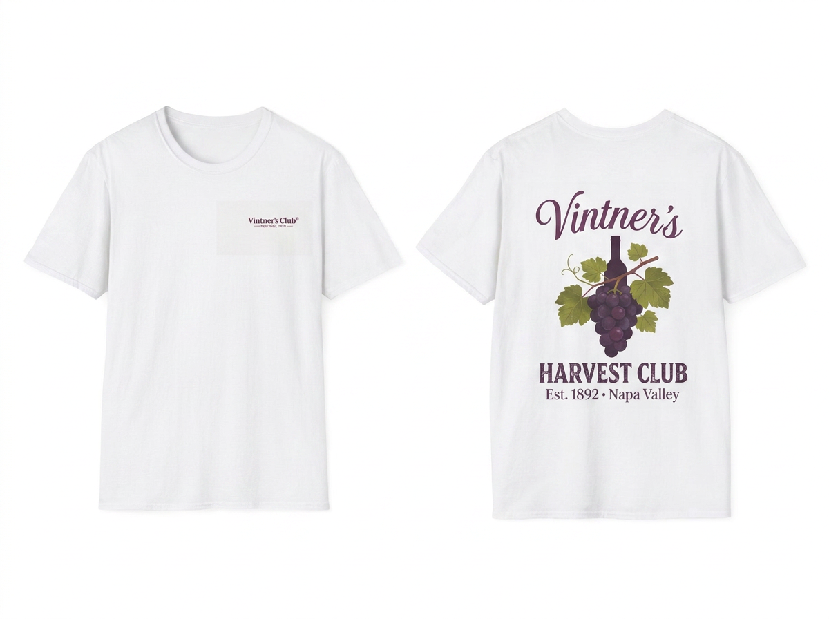 Vintner's Club tee - front and back flat lay with correct pocket-size chest logo