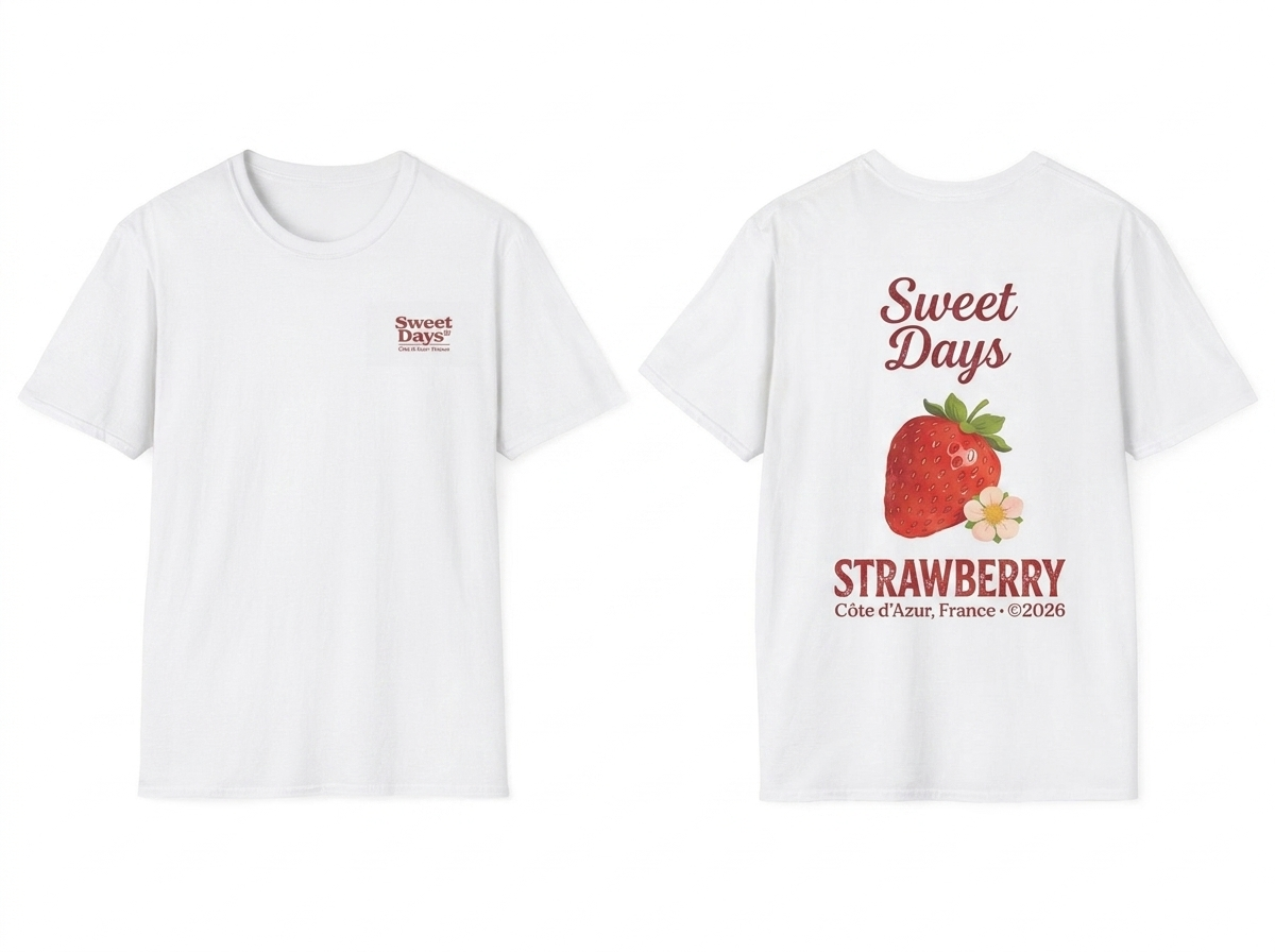Sweet Days Strawberry tee - front and back flat lay
