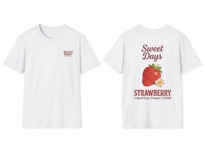 Sweet Days Strawberry tee - front and back flat lay