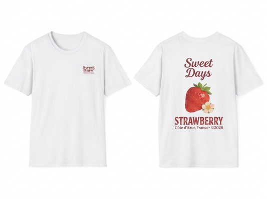 Sweet Days Strawberry tee - front and back flat lay