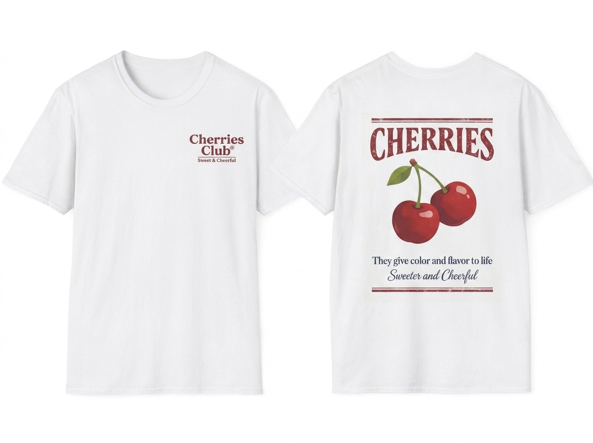 Cherries Club tee - front and back flat lay