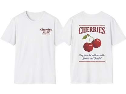 Cherries Club tee - front and back flat lay