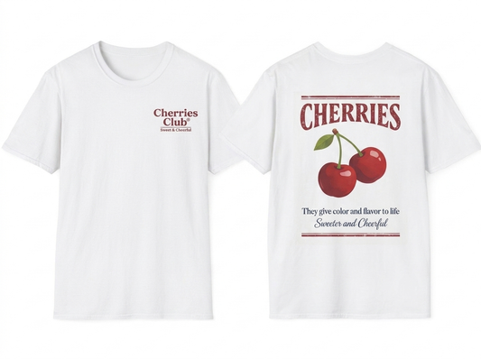 Cherries Club tee - front and back flat lay