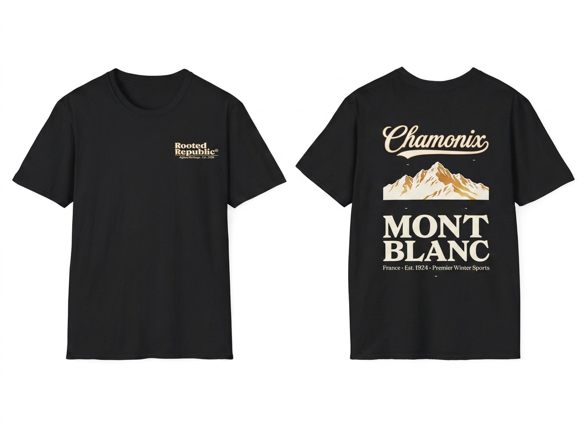 Chamonix Mont Blanc black tee - front and back flat lay