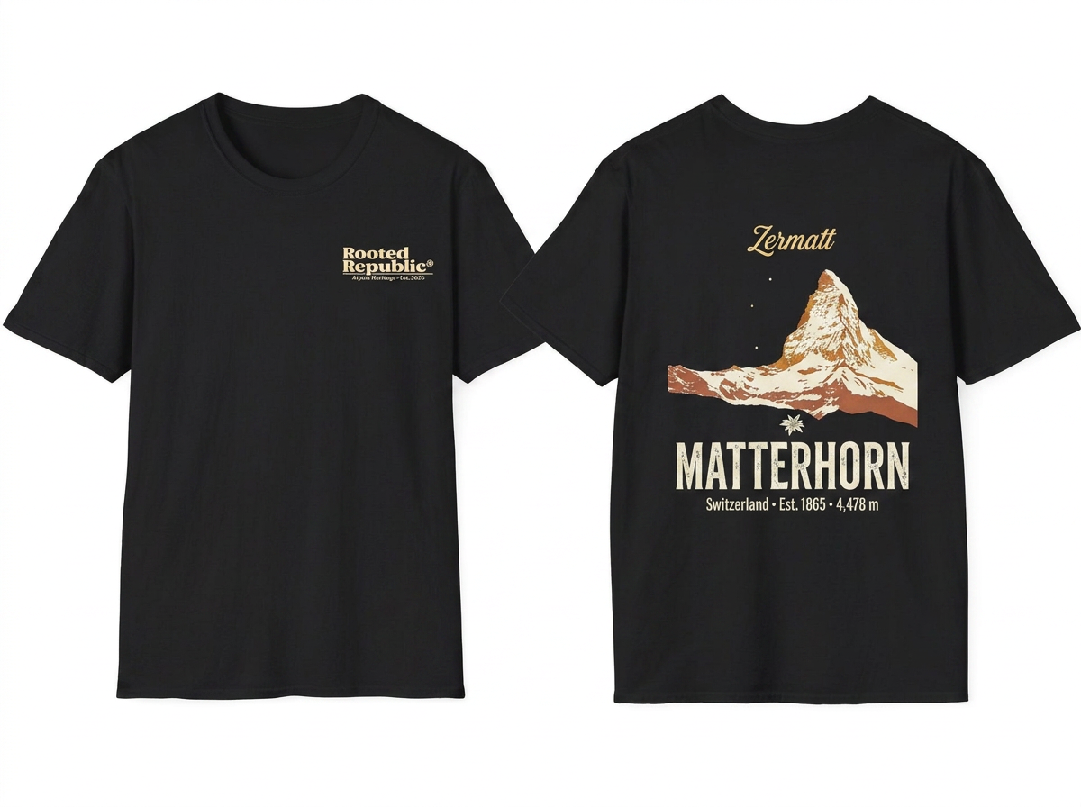 Zermatt Matterhorn black tee - front and back flat lay