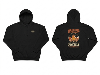 Bonfires black hoodie - front and back flat lay