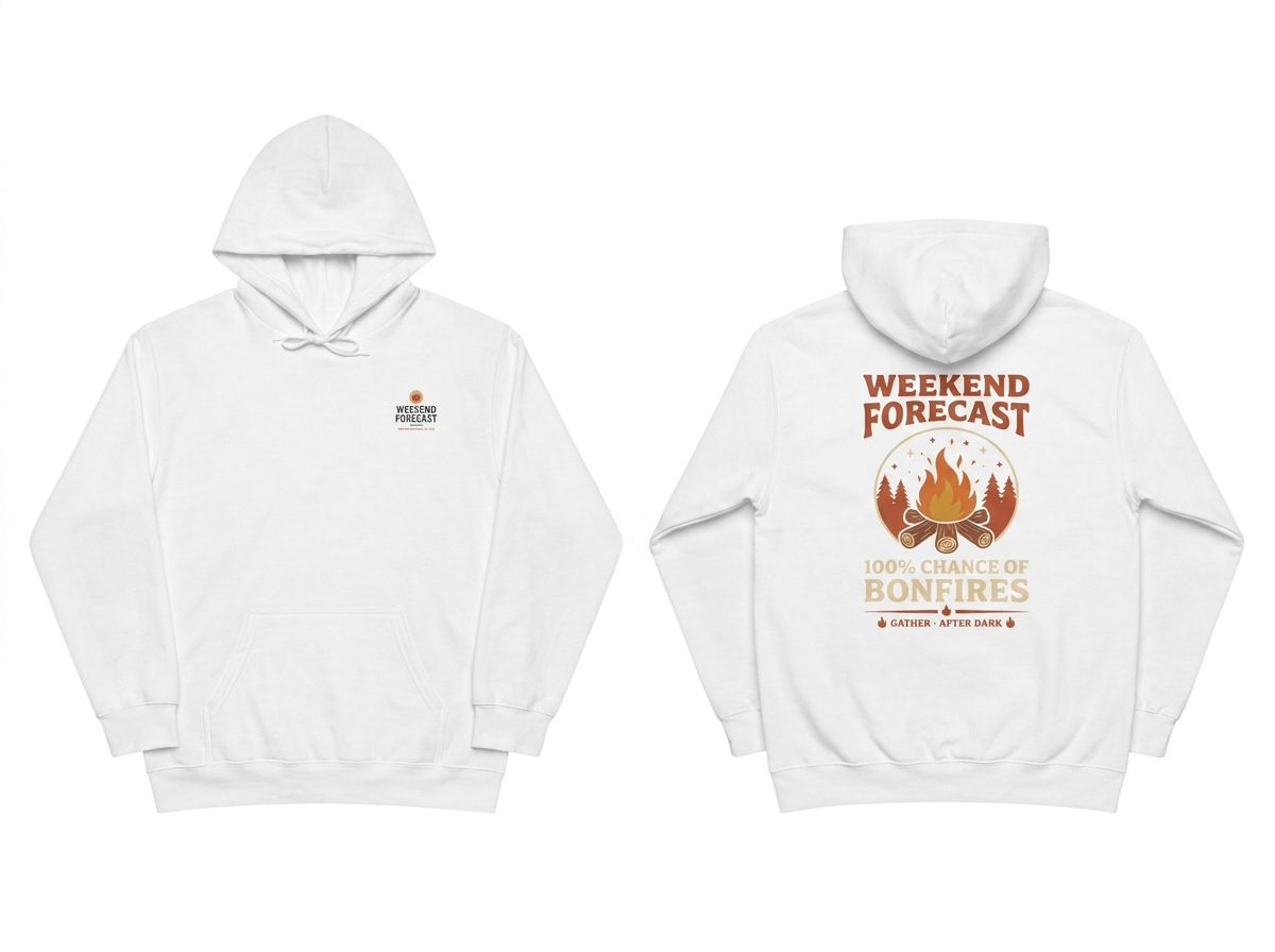 Campfire white hoodie - front and back flat lay