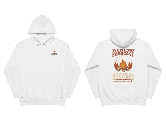 Campfire white hoodie - front and back flat lay