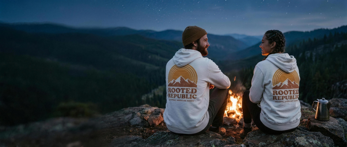 Rooted Republic hero - friends around campfire wearing brand hoodies